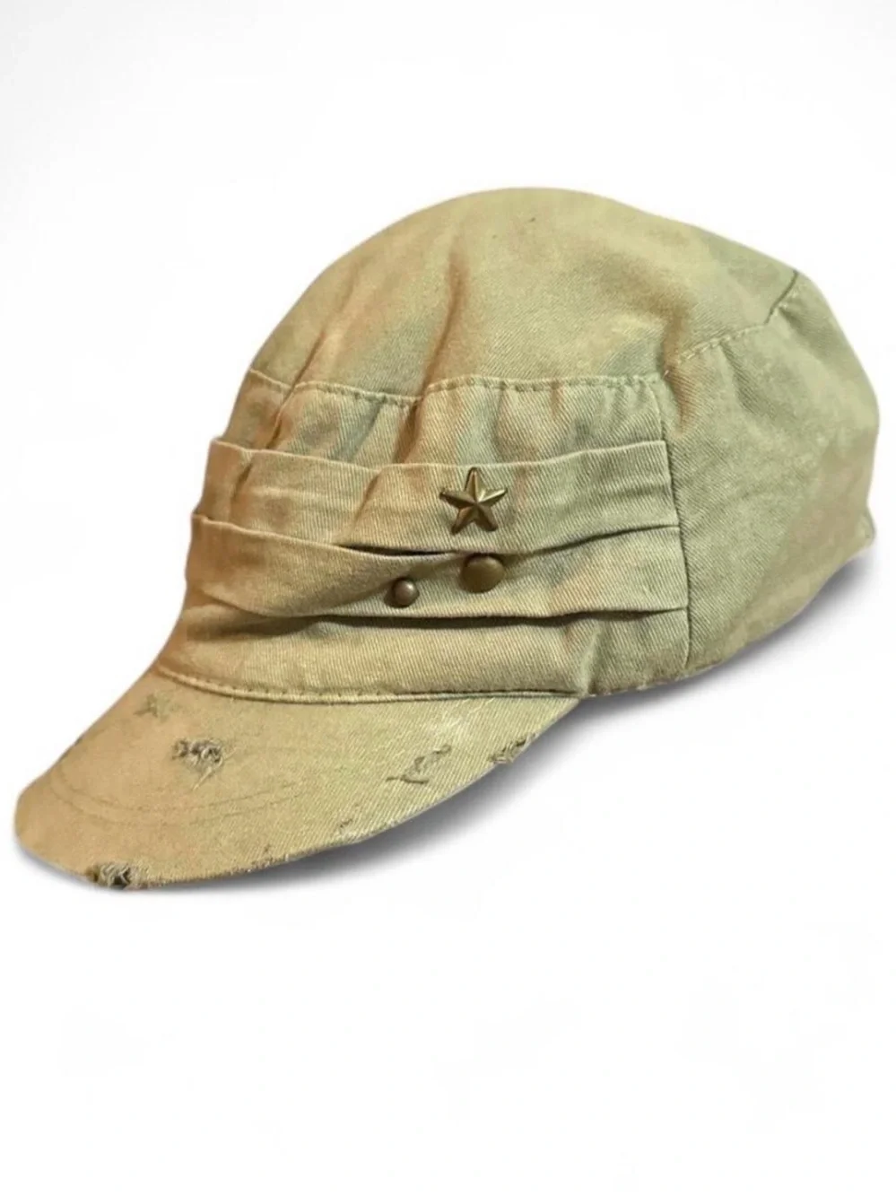 Khaki Army Green Star Stud Studded Accent Canvas Cap